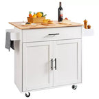 VEVOR Kitchen Island Cart with Solid Wood Top,35.4 Width Mobile Carts with Storage Cabinet, Rolling Kitchen Table with Spice Rack, Towel Rack, White