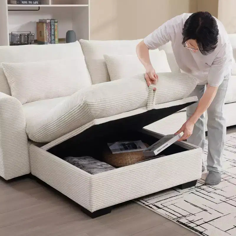 Divano componibile a L in velluto a coste con pouf contenitore e 4 cuscini decorativi
