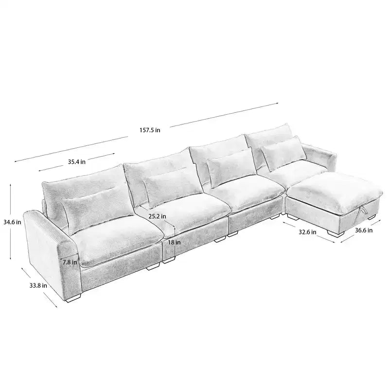 Divano componibile a L in velluto a coste con pouf contenitore e 4 cuscini decorativi