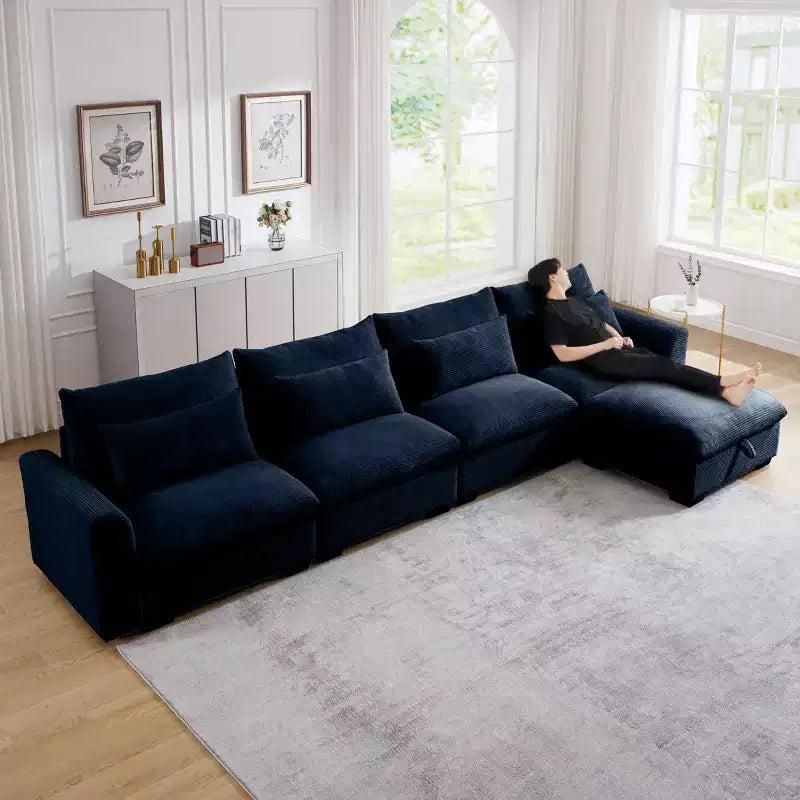Divano componibile a L in velluto a coste con pouf contenitore e 4 cuscini decorativi