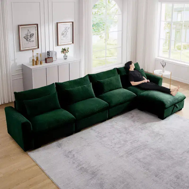 Divano componibile a L in velluto a coste con pouf contenitore e 4 cuscini decorativi