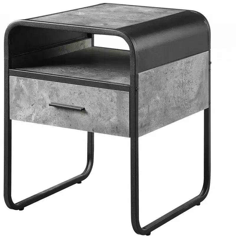 22 Tavolino Quadrato Nero E Grigio In Legno E Metallo Con Cassetto E Ripiano