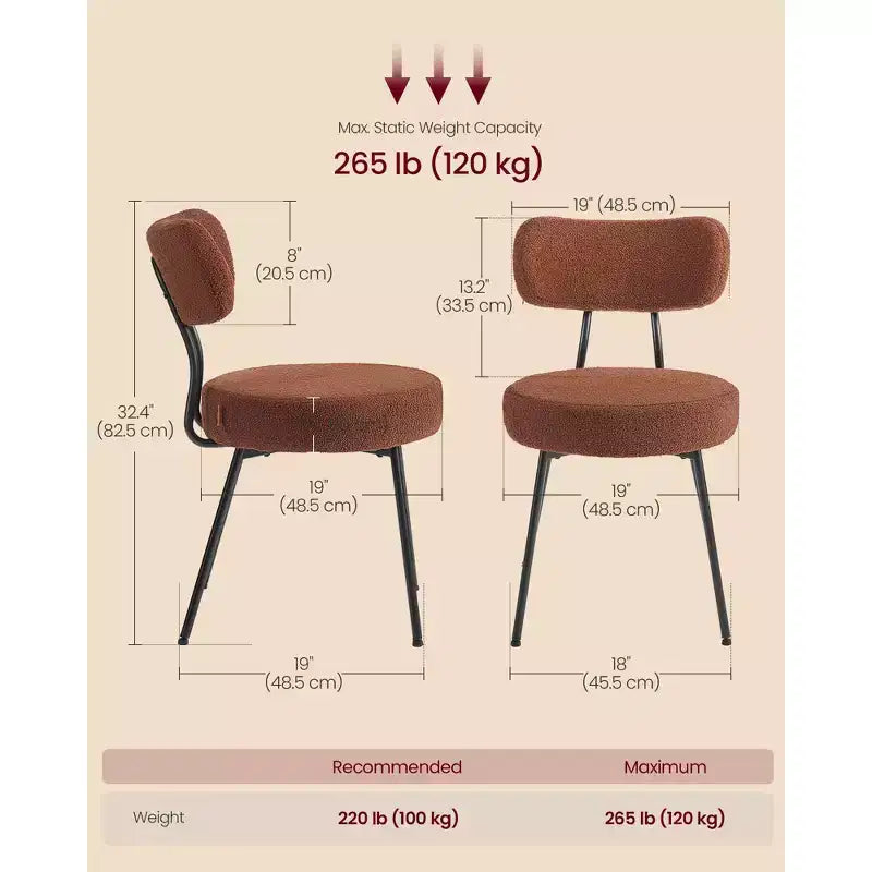 Set di 2 sedie da pranzo moderne imbottite con schienale curvo, morbido pile Teddy e robusto telaio in acciaio per una seduta confortevole