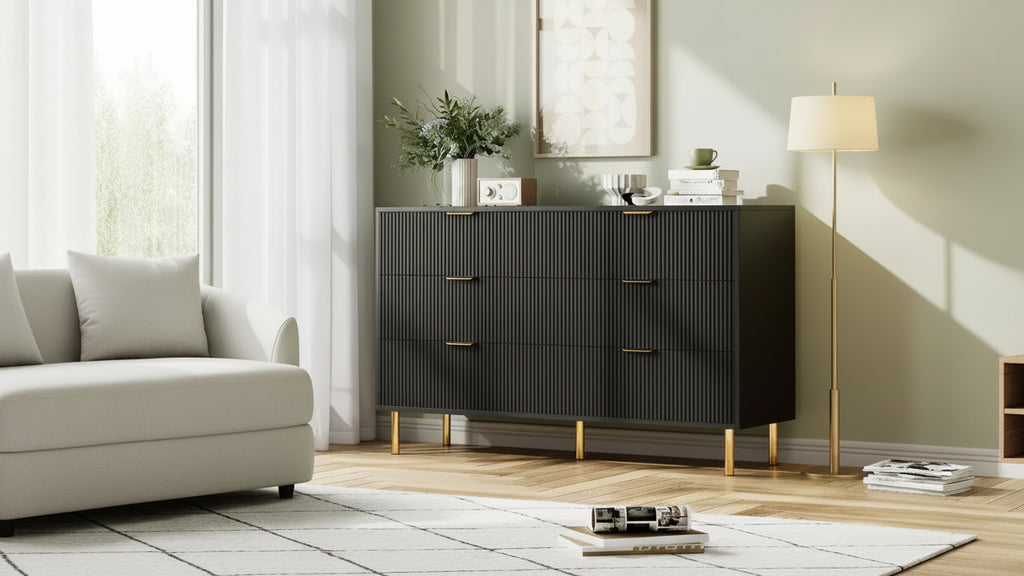 6 Drawer Dresser for Bedroom, Modern Wood Storage Dresser Organizer with Gold Metal Handles & Anti-Tipping Device for Hallway, Entryway
