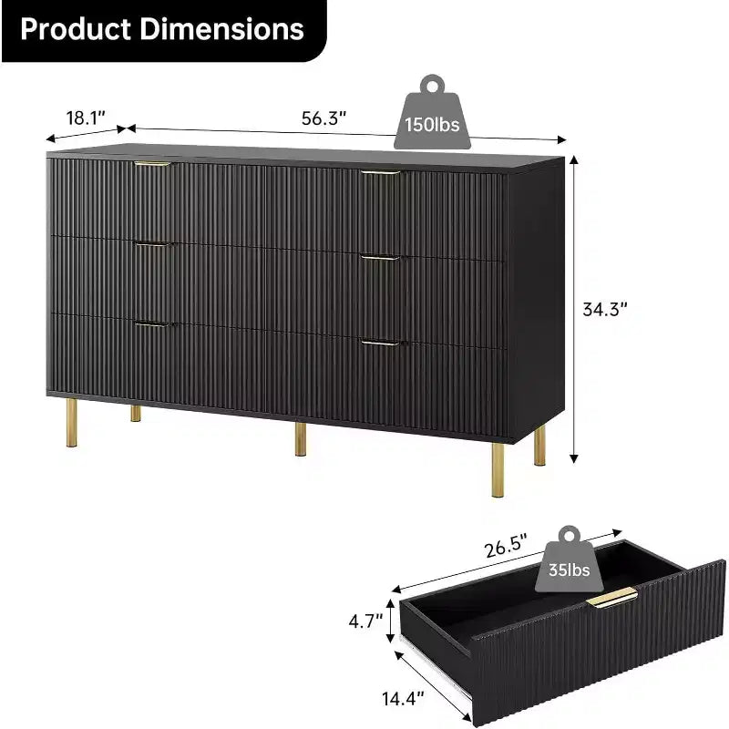Comò a 6 cassetti per camera da letto, organizer moderno in legno con maniglie in metallo dorato e dispositivo antiribaltamento per corridoio, ingresso
