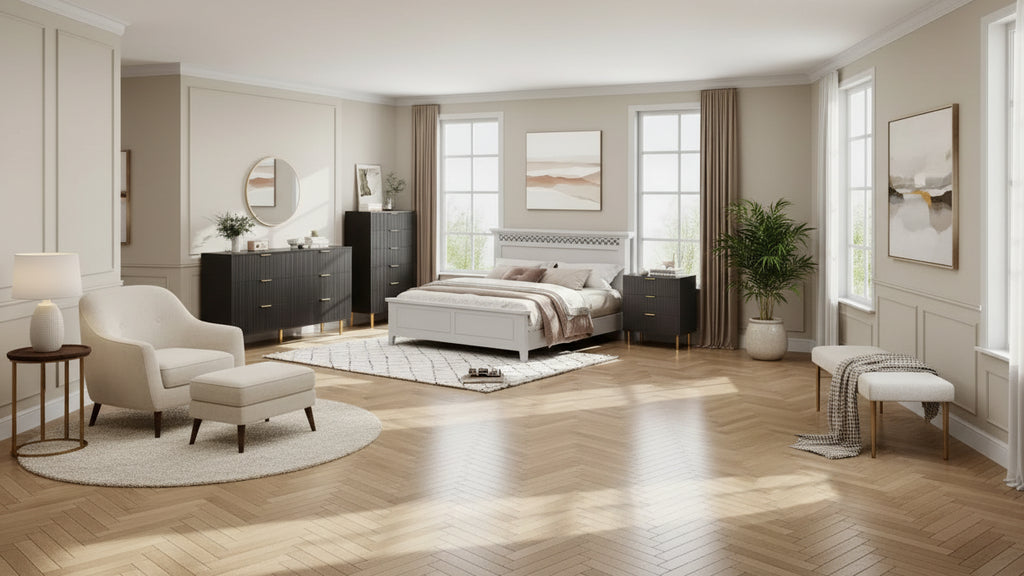 Comò a 6 cassetti per camera da letto, organizer moderno in legno con maniglie in metallo dorato e dispositivo antiribaltamento per corridoio, ingresso