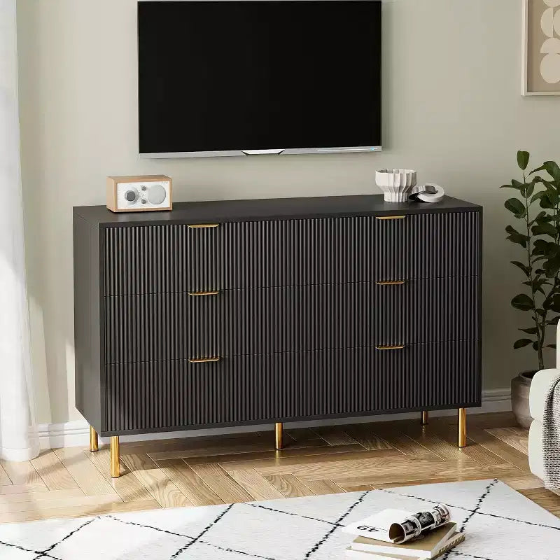 Comò a 6 cassetti per camera da letto, organizer moderno in legno con maniglie in metallo dorato e dispositivo antiribaltamento per corridoio, ingresso