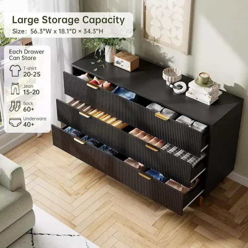 Comò a 6 cassetti per camera da letto, organizer moderno in legno con maniglie in metallo dorato e dispositivo antiribaltamento per corridoio, ingresso