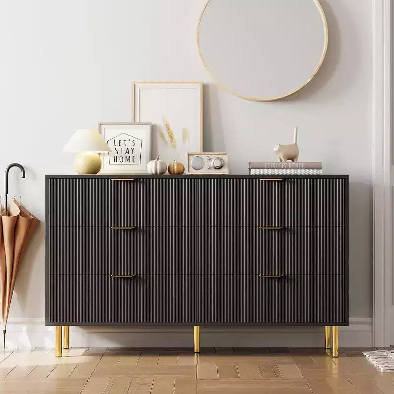 Comò a 6 cassetti per camera da letto, organizer moderno in legno con maniglie in metallo dorato e dispositivo antiribaltamento per corridoio, ingresso