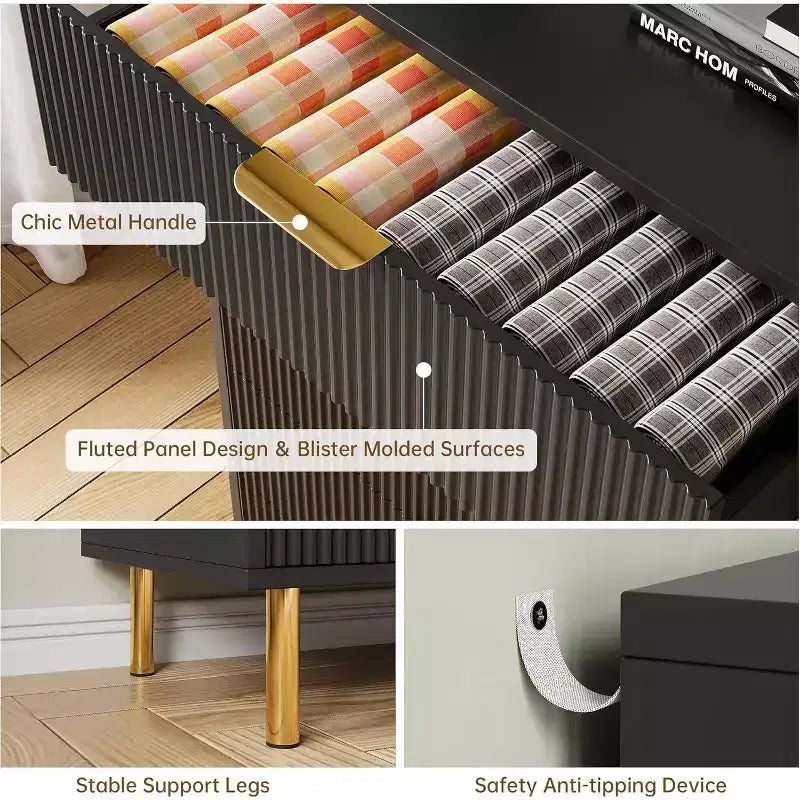 Comò a 6 cassetti per camera da letto, organizer moderno in legno con maniglie in metallo dorato e dispositivo antiribaltamento per corridoio, ingresso