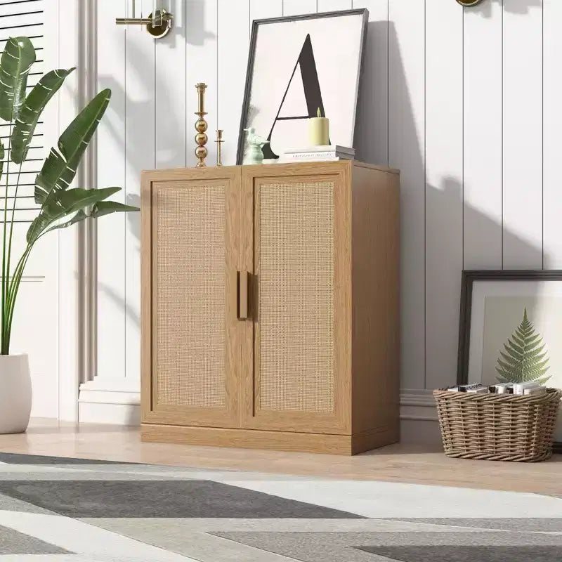 Credenza Nera Effetto Legno (Ante in Vimini a Doppia Apertura)