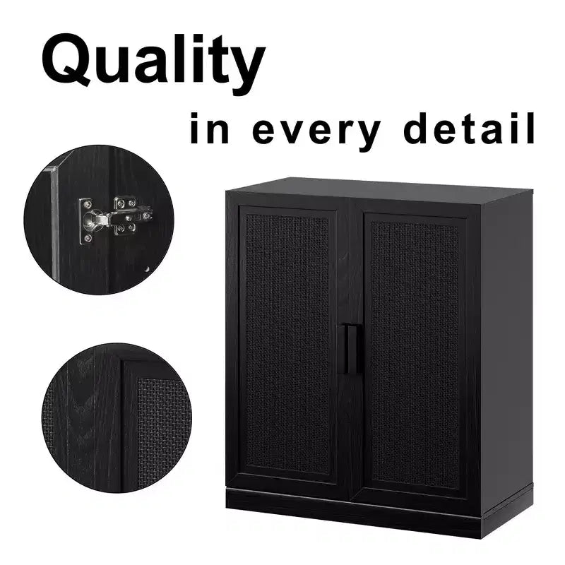 Credenza Nera Effetto Legno (Ante in Vimini a Doppia Apertura)