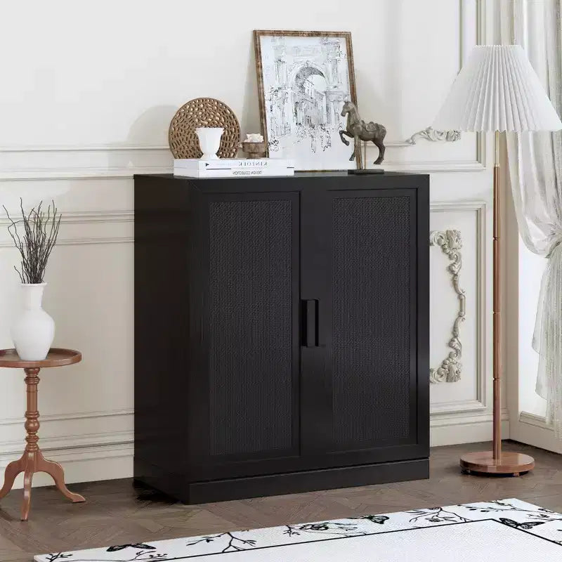 Credenza Nera Effetto Legno (Ante in Vimini a Doppia Apertura)