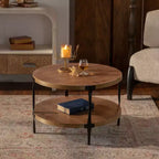Tavolino da caffè rotondo a due livelli fatto a mano in legno, stile industriale moderno, 78 cm