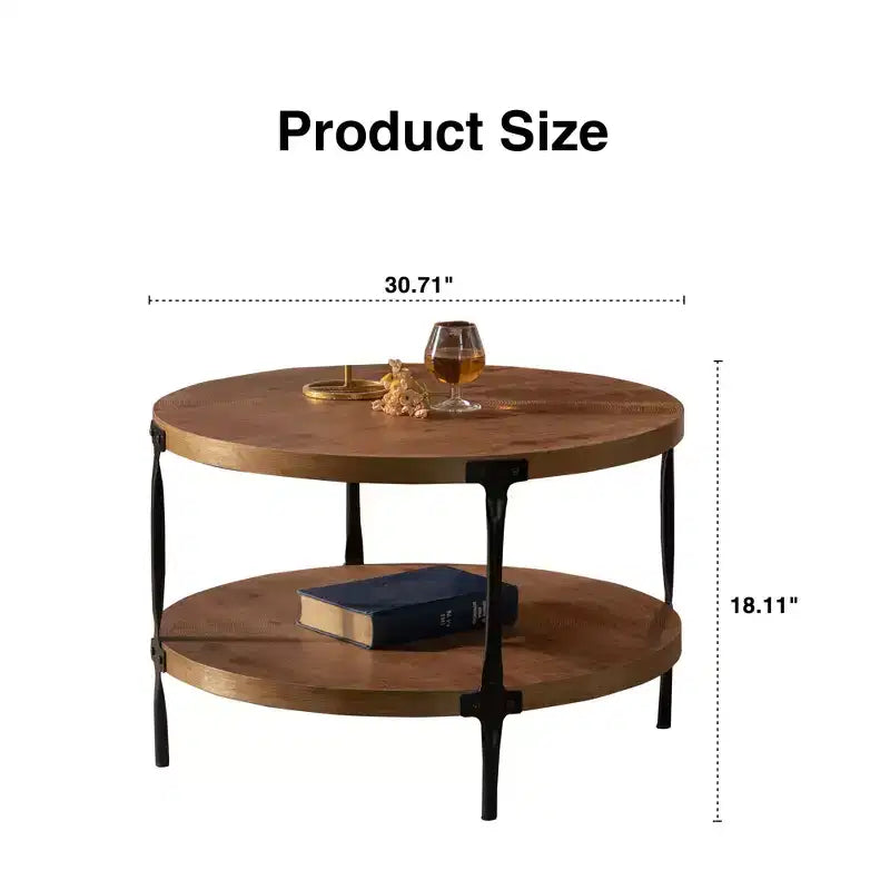 Tavolino da caffè rotondo a due livelli fatto a mano in legno, stile industriale moderno, 78 cm