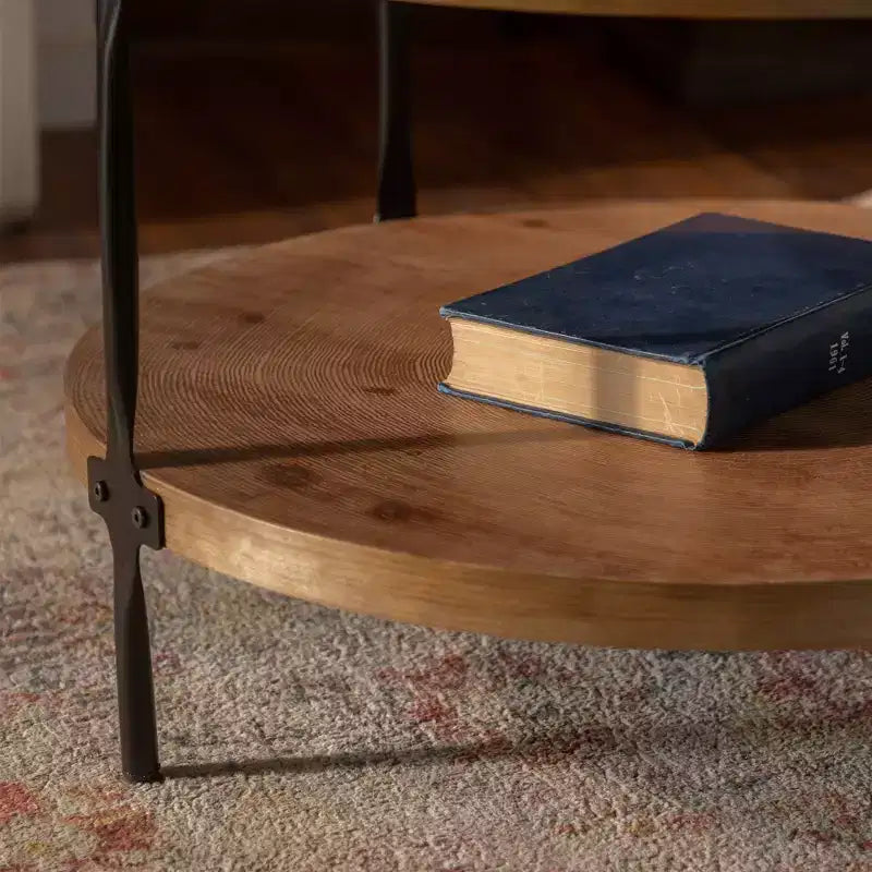 Tavolino da caffè rotondo a due livelli fatto a mano in legno, stile industriale moderno, 78 cm