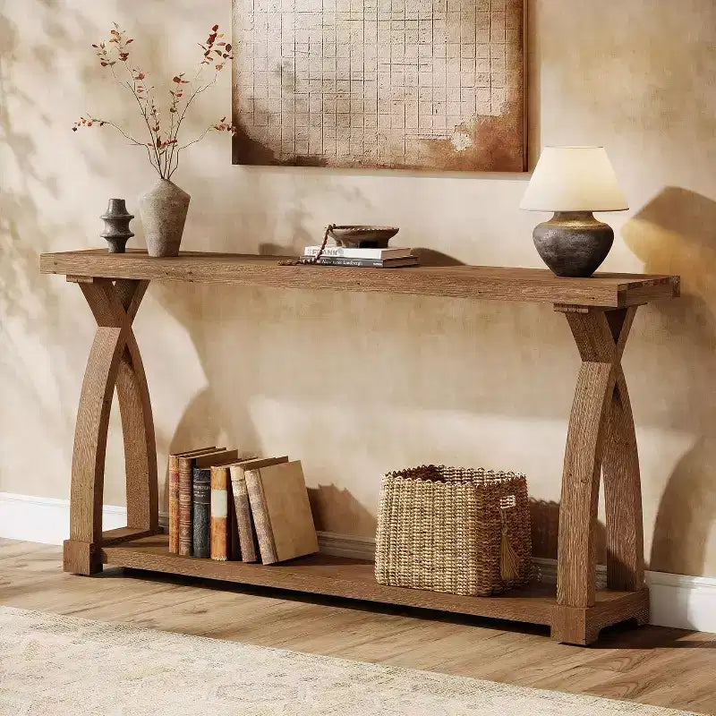 Lantine 63-Inch Solid Wood Console Table, Narrow Long Sofa Table with 2-Tier Shelf for Entryway, Living Room, Hallway, Coffee Brown