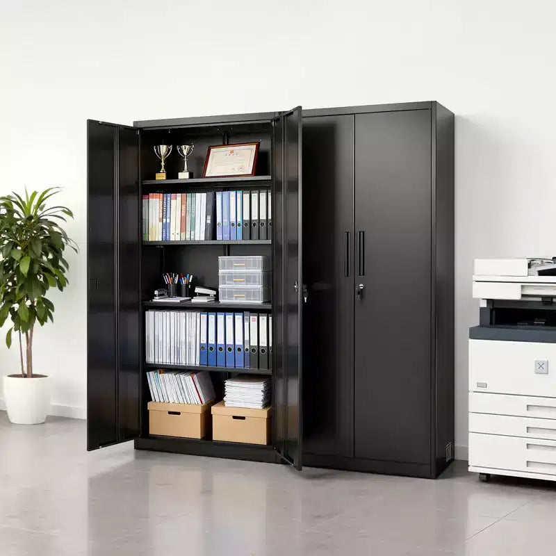 Armadio metallico porta attrezzi con serratura, 175 cm, 4 ripiani regolabili, 2 ante magnetiche, 2 chiavi, 5 livelli, nero