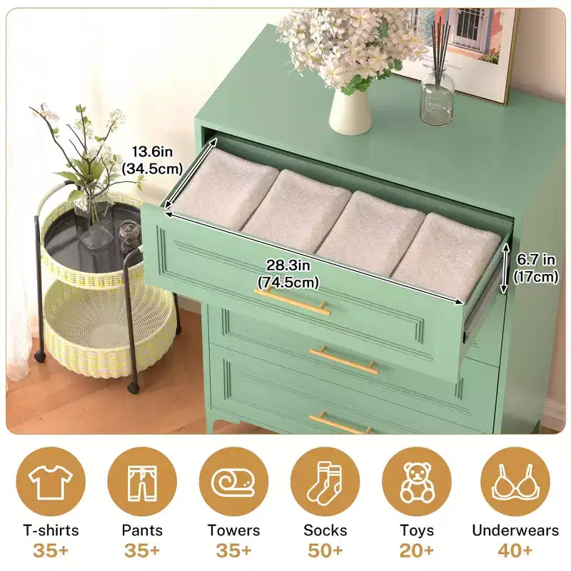 Cassettiera a 4 cassetti per camera da letto, armadio verticale indipendente con cassetti portaoggetti e pomelli dorati, mobile contenitore in metallo per camera da letto