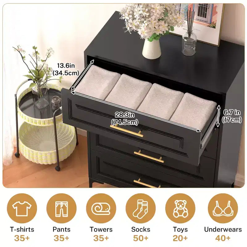 Cassettiera a 4 cassetti per camera da letto, armadio verticale indipendente con cassetti portaoggetti e pomelli dorati, mobile contenitore in metallo per camera da letto