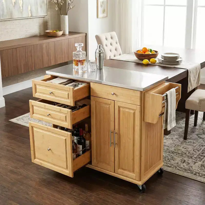Christopher Knight Home Nives Bamboo Rolling Kitchen Cart with Stainless Steel Top, 4 Drawer and 2 Doors