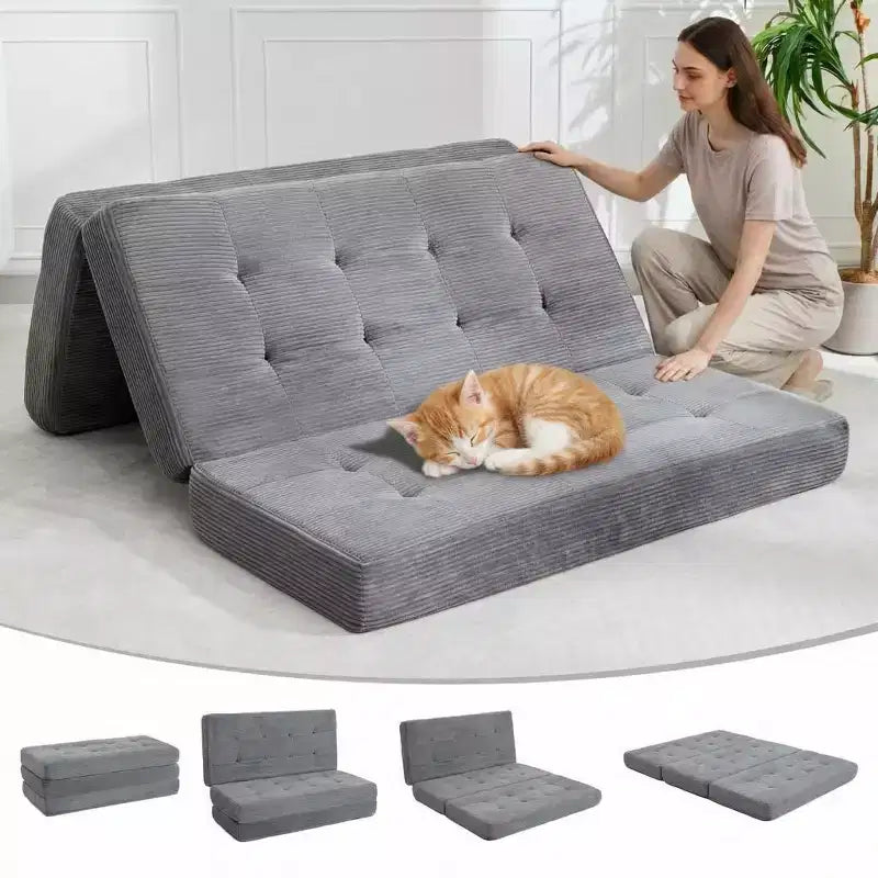 80.4x60 6 Materasso Pieghevole a Tre Ante in Schiuma, Letto per Ospiti da Terra in Velluto a Coste Trapuntato, Supporto Portatile per Casa, Soggiorno e Campeggio