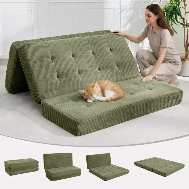 80.4x60 6 Materasso Pieghevole a Tre Ante in Schiuma, Letto per Ospiti da Terra in Velluto a Coste Trapuntato, Supporto Portatile per Casa, Soggiorno e Campeggio