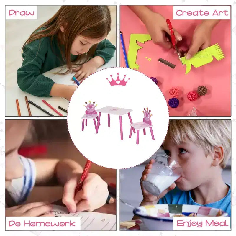 Tavolo e 2 Sedie in Legno per Bambini a Corona 2-4 Anni per Disegnare Leggere Scrivere Rosa