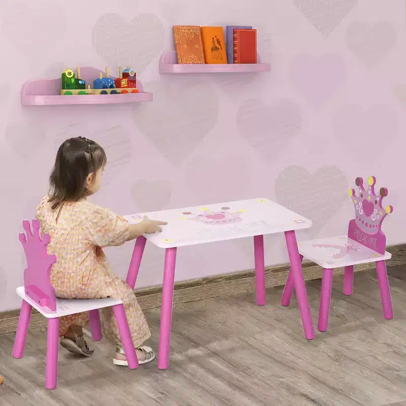 Tavolo e 2 Sedie in Legno per Bambini a Corona 2-4 Anni per Disegnare Leggere Scrivere Rosa