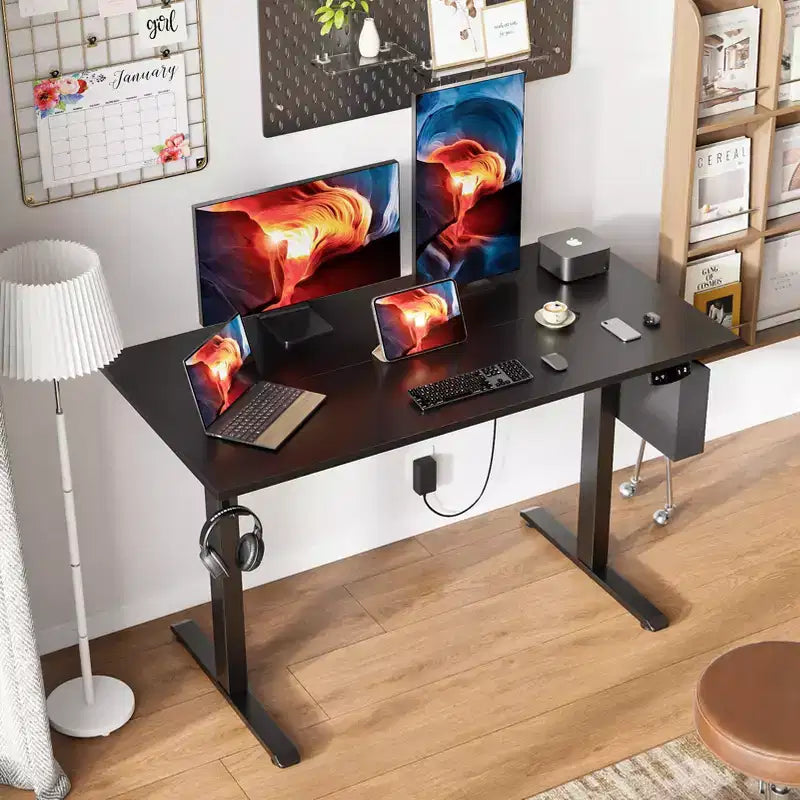 Scrivania elettrica regolabile in altezza Sit-to-Stand con borsa portaoggetti, preimpostazioni di memoria, postazione di lavoro ergonomica per ufficio a casa, 122 cm, nera