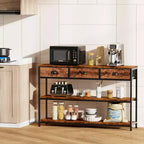Tavolo consolle da divano industriale rustico marrone in legno da 119 cm con 3 cassetti portaoggetti e 3 ripiani per esposizione, per dietro il divano, ingresso, soggiorno, atrio, corridoio.