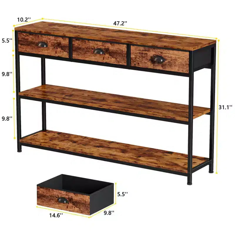 Tavolo consolle da divano industriale rustico marrone in legno da 119 cm con 3 cassetti portaoggetti e 3 ripiani per esposizione, per dietro il divano, ingresso, soggiorno, atrio, corridoio.