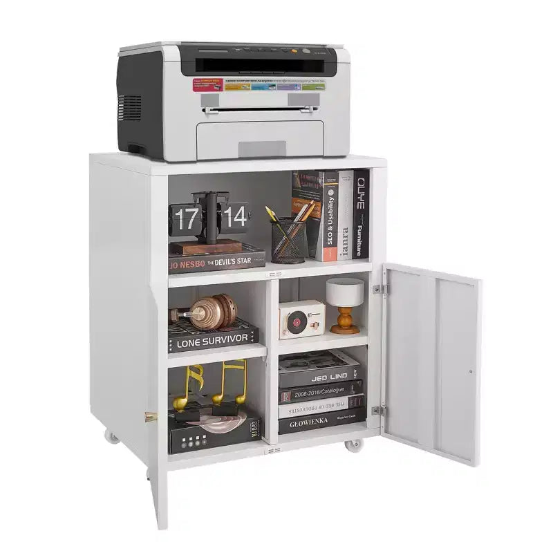 Supporto per stampante in metallo con spazio di archiviazione, mobile per stampante resistente con rotelle e ante, tavolo grande per stampante con ruote per fotocopiatrice e fax da ufficio