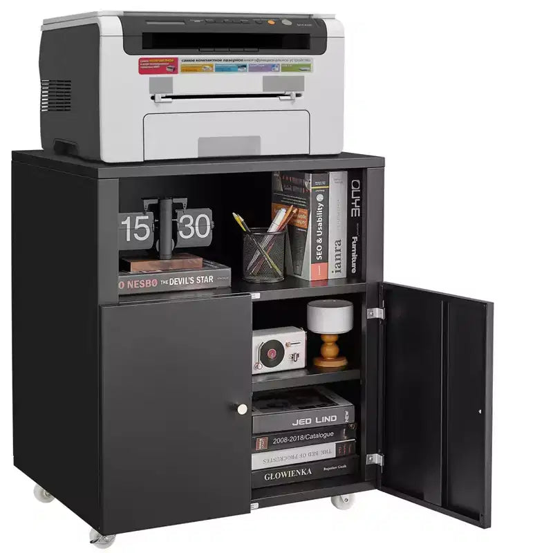 Supporto per stampante in metallo con spazio di archiviazione, mobile per stampante resistente con rotelle e ante, tavolo grande per stampante con ruote per fotocopiatrice e fax da ufficio