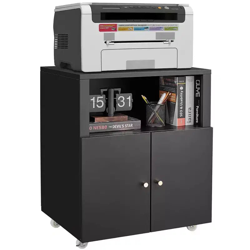 Supporto per stampante in metallo con spazio di archiviazione, mobile per stampante resistente con rotelle e ante, tavolo grande per stampante con ruote per fotocopiatrice e fax da ufficio