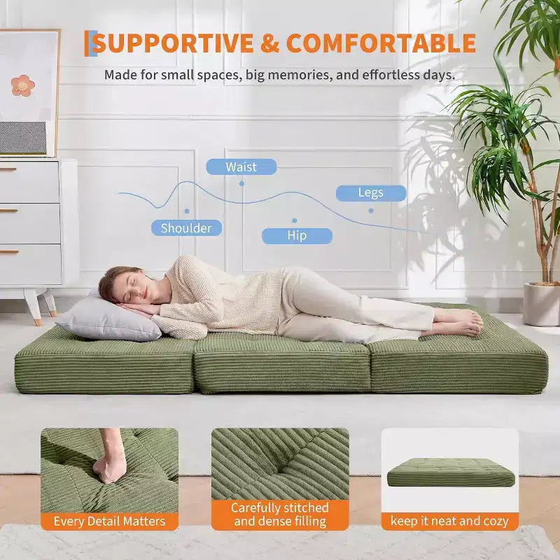 Materasso Tri-Fold da 6 Pollici, Divano Letto Pieghevole da Pavimento con Schiuma di Supporto ad Alta Densità, Letto Portatile per Ospiti per Campeggio, Soggiorno, Tessuto Morbido in Velluto a Coste