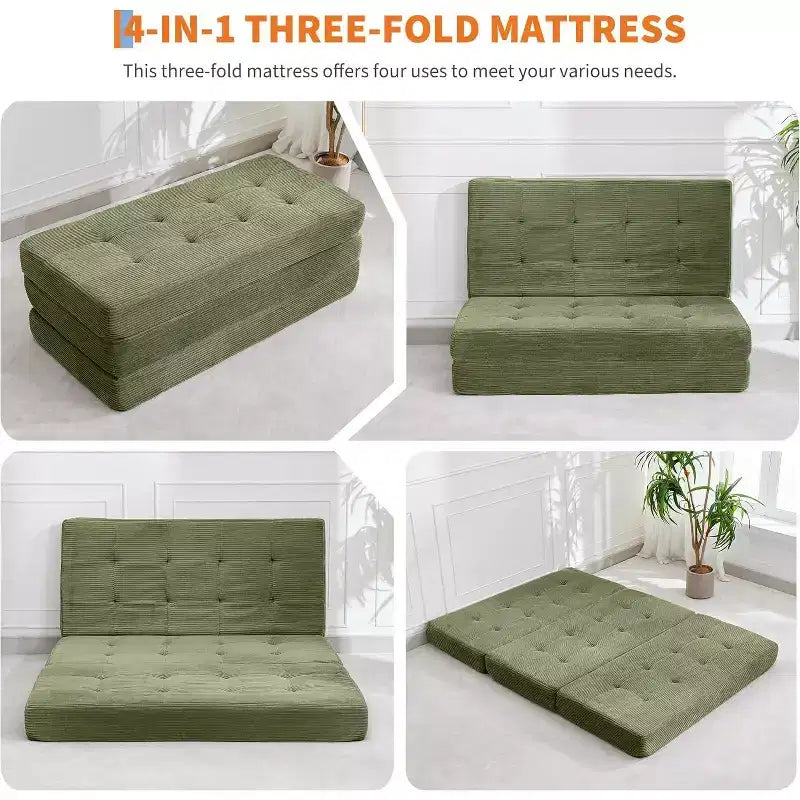 Materasso Tri-Fold da 6 Pollici, Divano Letto Pieghevole da Pavimento con Schiuma di Supporto ad Alta Densità, Letto Portatile per Ospiti per Campeggio, Soggiorno, Tessuto Morbido in Velluto a Coste