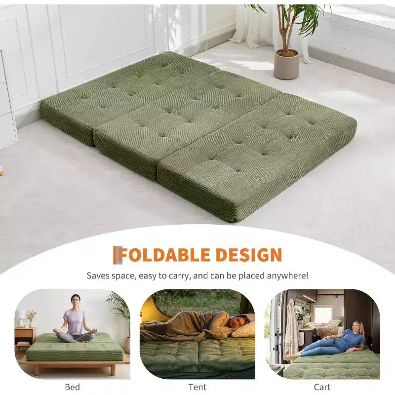 Materasso Tri-Fold da 6 Pollici, Divano Letto Pieghevole da Pavimento con Schiuma di Supporto ad Alta Densità, Letto Portatile per Ospiti per Campeggio, Soggiorno, Tessuto Morbido in Velluto a Coste