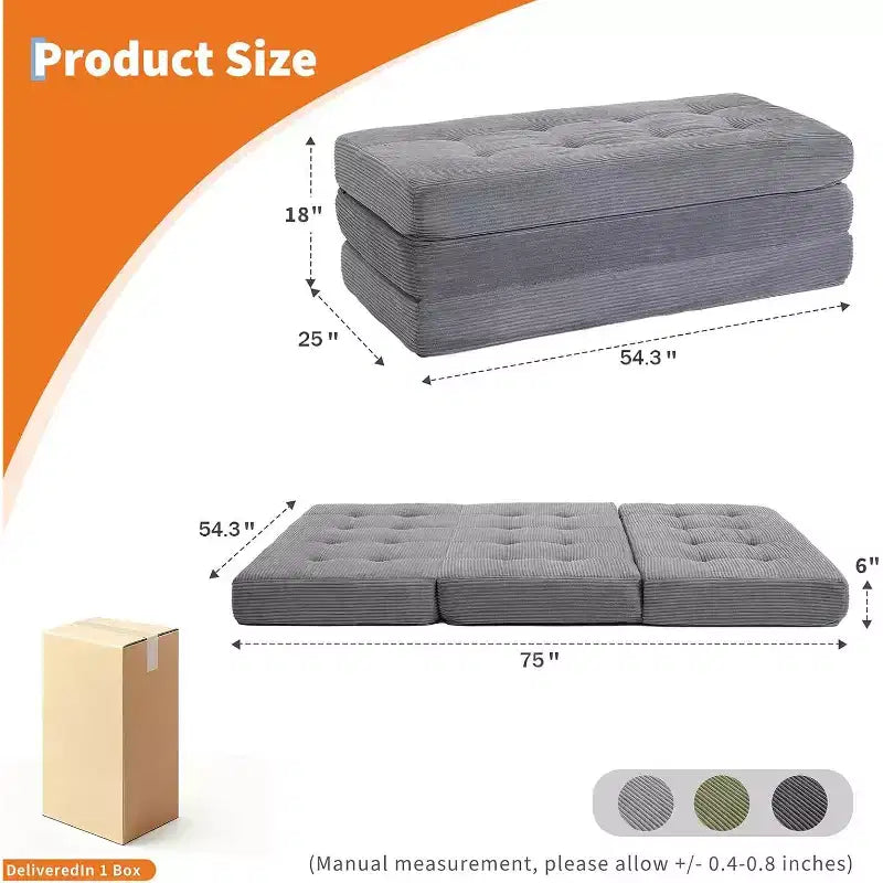 Materasso Tri-Fold da 6 Pollici, Divano Letto Pieghevole da Pavimento con Schiuma di Supporto ad Alta Densità, Letto Portatile per Ospiti per Campeggio, Soggiorno, Tessuto Morbido in Velluto a Coste