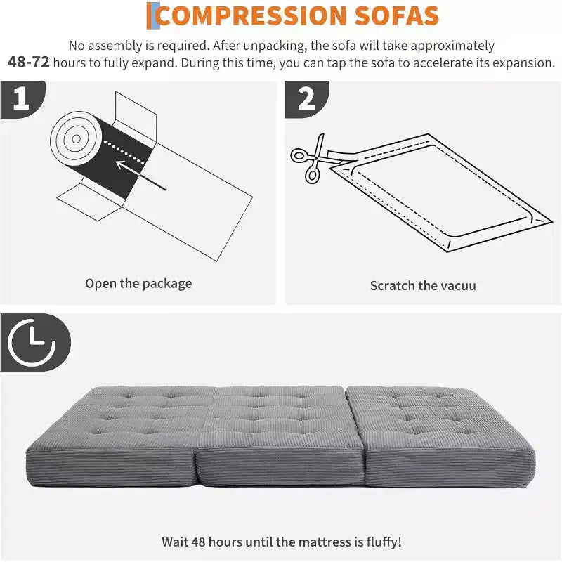 Materasso Tri-Fold da 6 Pollici, Divano Letto Pieghevole da Pavimento con Schiuma di Supporto ad Alta Densità, Letto Portatile per Ospiti per Campeggio, Soggiorno, Tessuto Morbido in Velluto a Coste
