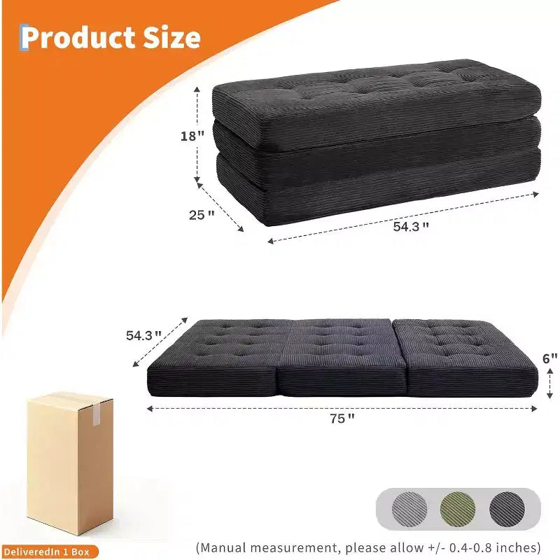 Materasso Tri-Fold da 6 Pollici, Divano Letto Pieghevole da Pavimento con Schiuma di Supporto ad Alta Densità, Letto Portatile per Ospiti per Campeggio, Soggiorno, Tessuto Morbido in Velluto a Coste