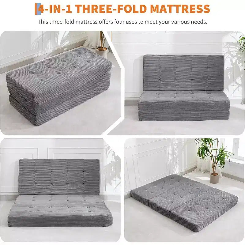 Materasso Tri-Fold da 6 Pollici, Divano Letto Pieghevole da Pavimento con Schiuma di Supporto ad Alta Densità, Letto Portatile per Ospiti per Campeggio, Soggiorno, Tessuto Morbido in Velluto a Coste