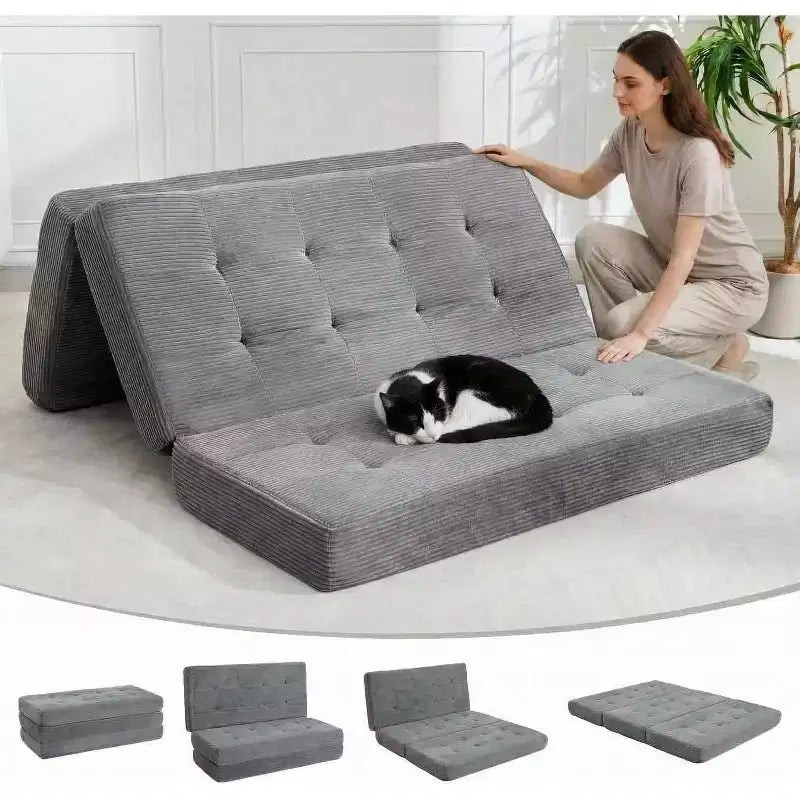 Materasso Tri-Fold da 6 Pollici, Divano Letto Pieghevole da Pavimento con Schiuma di Supporto ad Alta Densità, Letto Portatile per Ospiti per Campeggio, Soggiorno, Tessuto Morbido in Velluto a Coste
