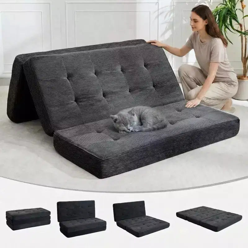 Materasso Tri-Fold da 6 Pollici, Divano Letto Pieghevole da Pavimento con Schiuma di Supporto ad Alta Densità, Letto Portatile per Ospiti per Campeggio, Soggiorno, Tessuto Morbido in Velluto a Coste