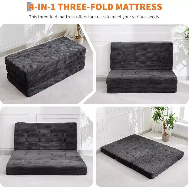 Materasso Tri-Fold da 6 Pollici, Divano Letto Pieghevole da Pavimento con Schiuma di Supporto ad Alta Densità, Letto Portatile per Ospiti per Campeggio, Soggiorno, Tessuto Morbido in Velluto a Coste