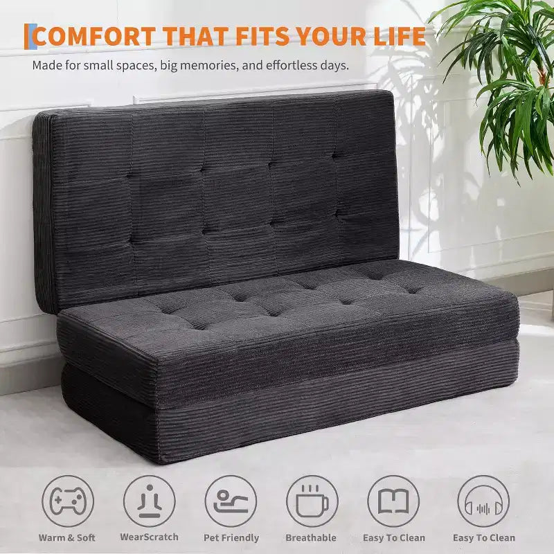 Materasso Tri-Fold da 6 Pollici, Divano Letto Pieghevole da Pavimento con Schiuma di Supporto ad Alta Densità, Letto Portatile per Ospiti per Campeggio, Soggiorno, Tessuto Morbido in Velluto a Coste
