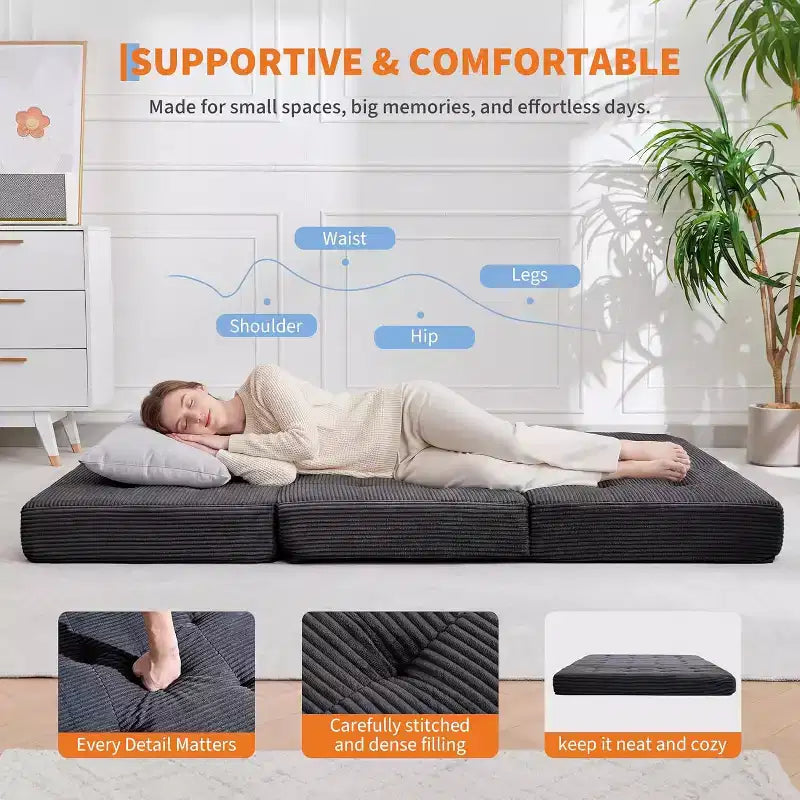 Materasso Tri-Fold da 6 Pollici, Divano Letto Pieghevole da Pavimento con Schiuma di Supporto ad Alta Densità, Letto Portatile per Ospiti per Campeggio, Soggiorno, Tessuto Morbido in Velluto a Coste