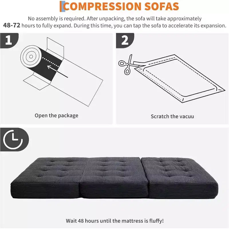 Materasso Tri-Fold da 6 Pollici, Divano Letto Pieghevole da Pavimento con Schiuma di Supporto ad Alta Densità, Letto Portatile per Ospiti per Campeggio, Soggiorno, Tessuto Morbido in Velluto a Coste