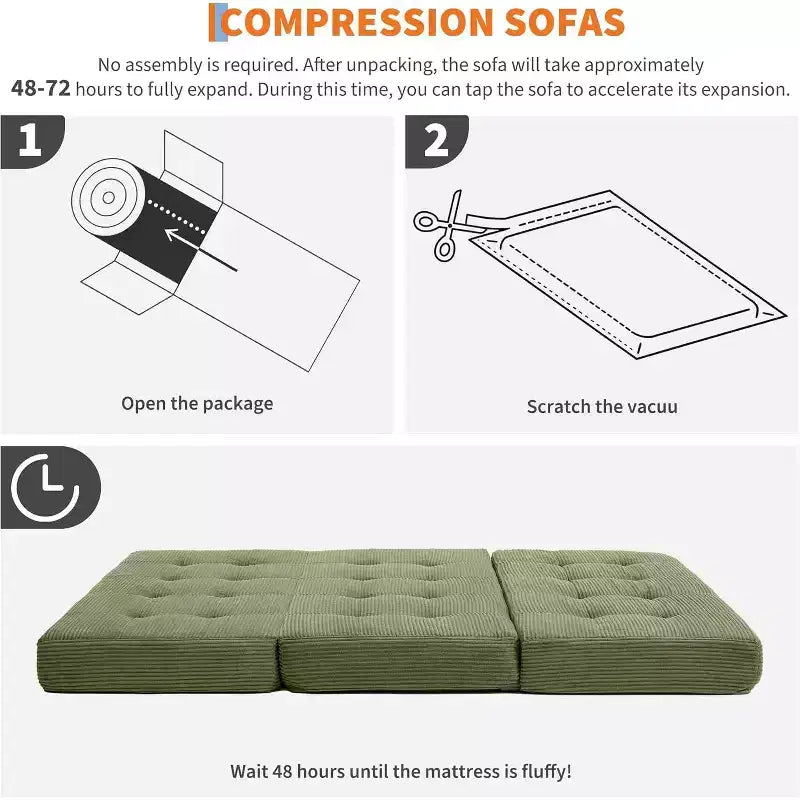 Materasso Tri-Fold da 6 Pollici, Divano Letto Pieghevole da Pavimento con Schiuma di Supporto ad Alta Densità, Letto Portatile per Ospiti per Campeggio, Soggiorno, Tessuto Morbido in Velluto a Coste