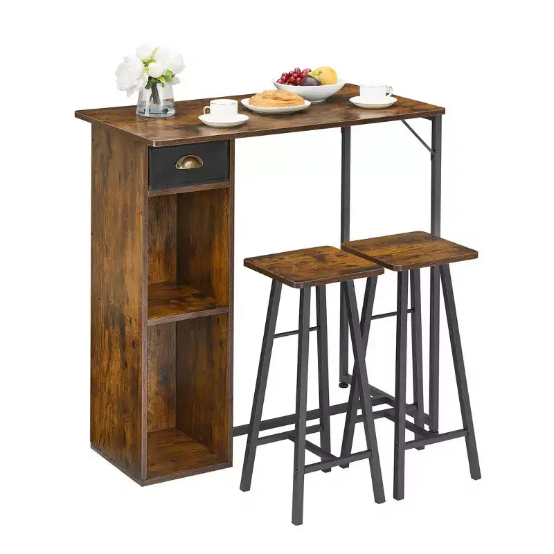 Compact 3 Piece Counter Height Dining Table Set - Bar Table with Storage Shelves, 2 Stools for Small Kitchens, Breakfast Nook or Apartment